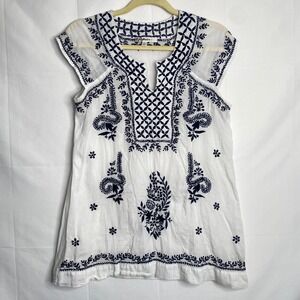 White & Blue/Navy Cap Sleeve Embroidered Boho Peasant Relaxed Shirt Sz‎ S